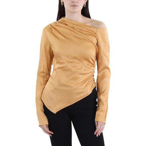 290$ A.L.C. Ruched Asymmetric Blouse Top Long Sleeve Womens Size 4 Light Bronze - Picture 1 of 2
